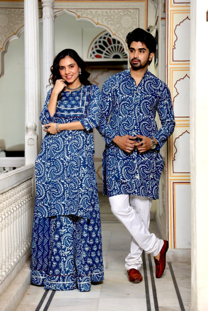 Bagru Hand Block Printed Couple Dress Ladies Kurta Skirt & Gent's Kurta Pajama
