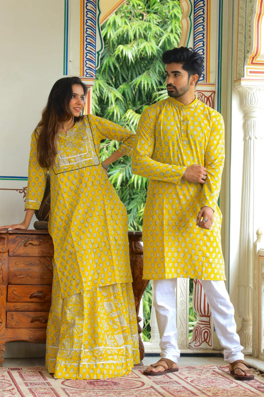 Bagru Hand Block Printed Couple Dress Ladies Kurta Skirt & Gent's Kurta Pajama Style 1