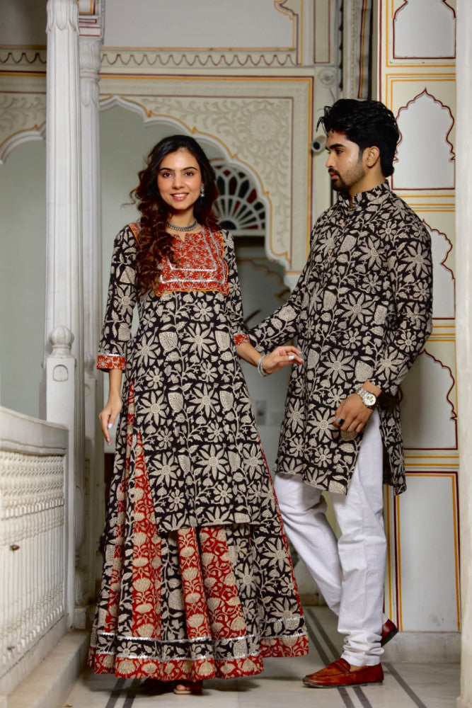 Bagru Hand Block Printed Couple Dress Ladies Kurta Skirt & Gent's Kurta Pajama Style 2