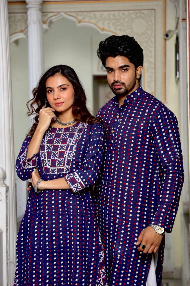 Bagru Hand Block Printed Couple Dress Ladies Kurta Skirt & Gent's Kurta Pajama Style 4