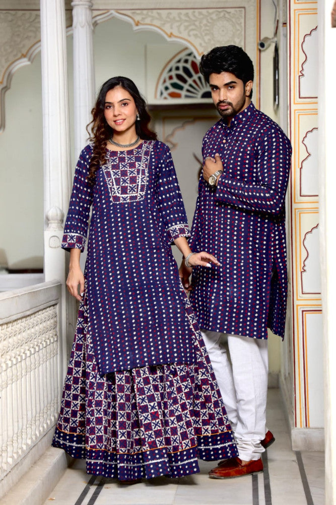 Bagru Hand Block Printed Couple Dress Ladies Kurta Skirt & Gent's Kurta Pajama Style 4