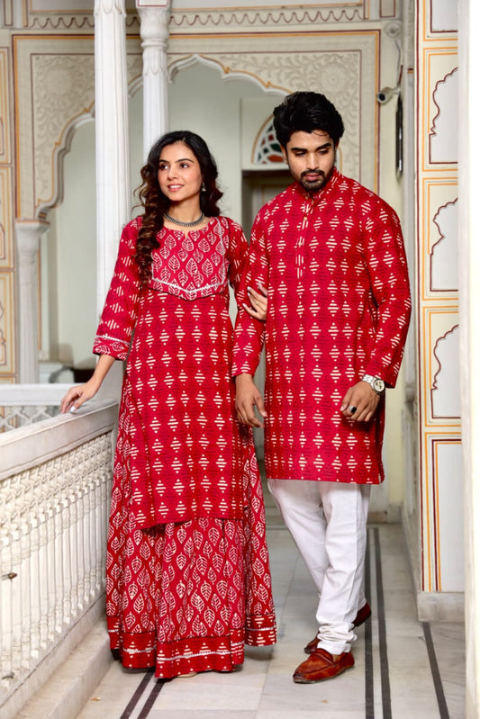 Bagru Hand Block Printed Couple Dress Ladies Kurta Skirt & Gent's Kurta Pajama Style 5