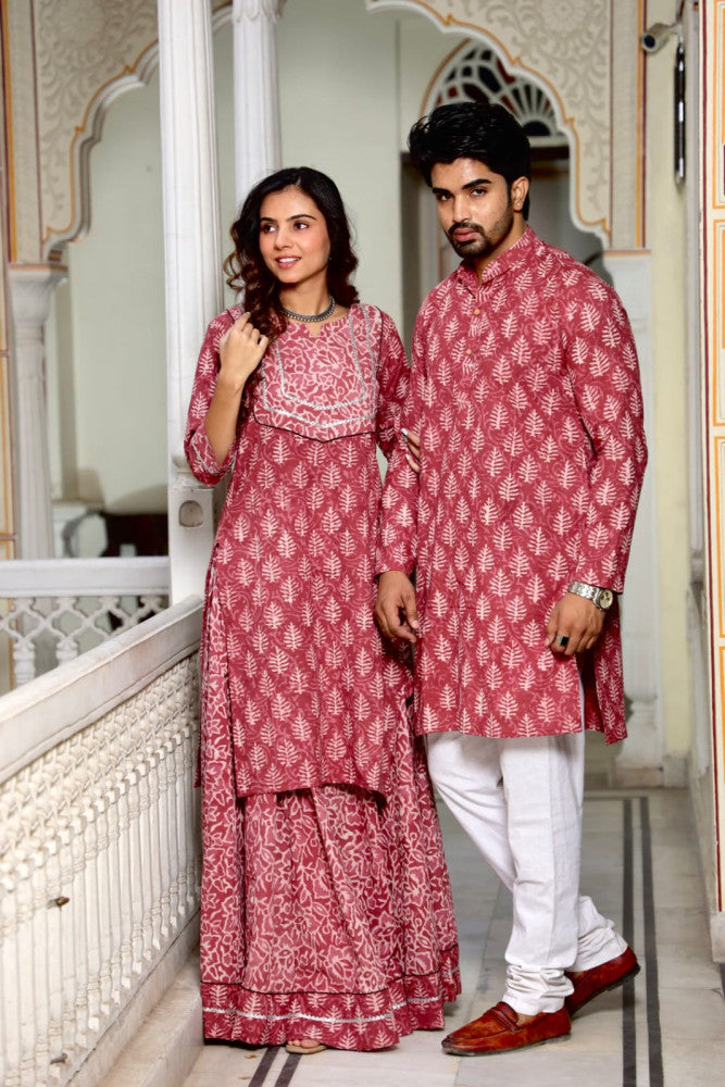 Bagru Hand Block Printed Couple Dress Ladies Kurta Skirt & Gent's Kurta Pajama Style 6