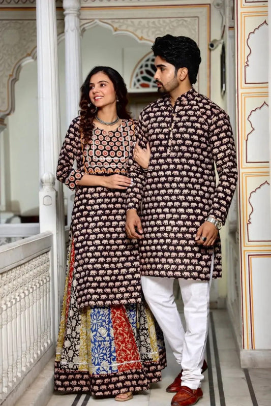 Bagru Hand Block Printed Couple Dress Ladies Kurta Skirt & Gent's Kurta Pajama Style 7