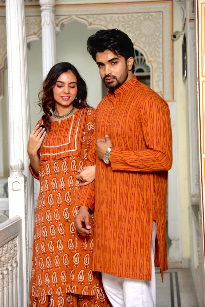 Bagru Hand Block Printed Couple Dress Ladies Kurta Skirt & Gent's Kurta Pajama Style 8