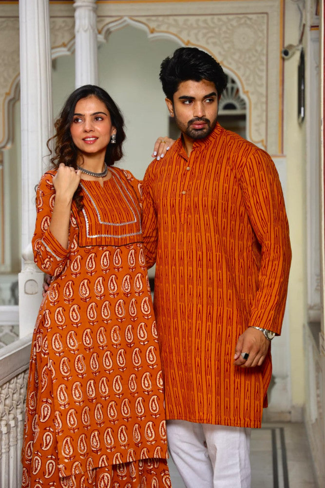 Bagru Hand Block Printed Couple Dress Ladies Kurta Skirt & Gent's Kurta Pajama Style 8