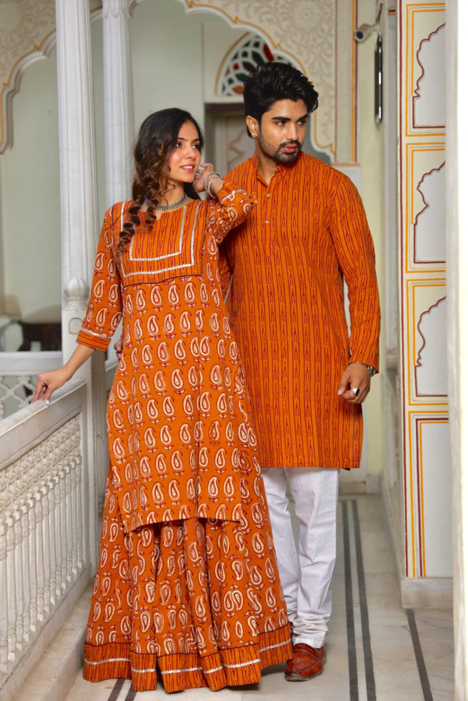 Bagru Hand Block Printed Couple Dress Ladies Kurta Skirt & Gent's Kurta Pajama Style 8