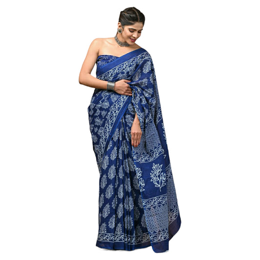Bagru Print Saree Orange & Blue Colour