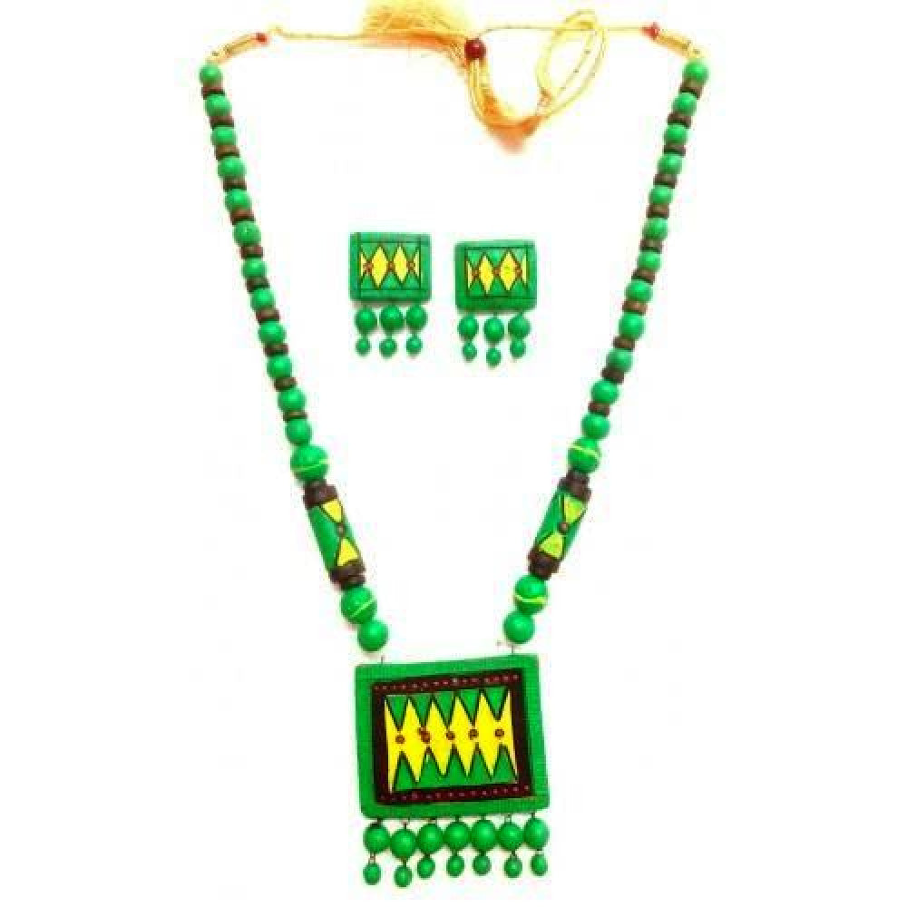 Green & Yellow Bankura Panchmura Terracotta Craft Necklace Jewellery Set