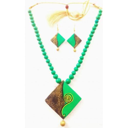Light Green Bankura Panchmura Terracotta Craft Necklace Jewellery Set