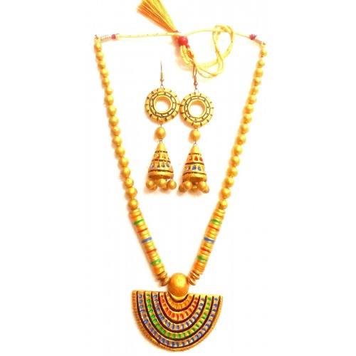 Golden Bankura Panchmura Terracotta Craft Necklace Jewellery Set