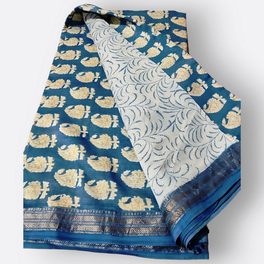Beautiful Bagh Block Print Blue & White Saree