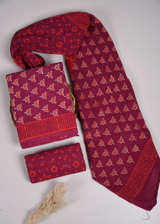 Beautiful Bagru Hand Block Printed Cotton Suit Material With Cotton Dupatta Style 37