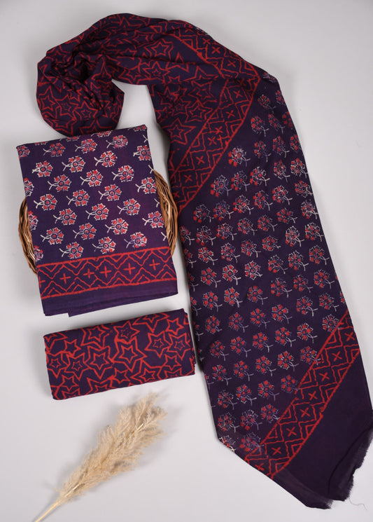 Beautiful Bagru Hand Block Printed Cotton Suit Material With Cotton Dupatta Style 49