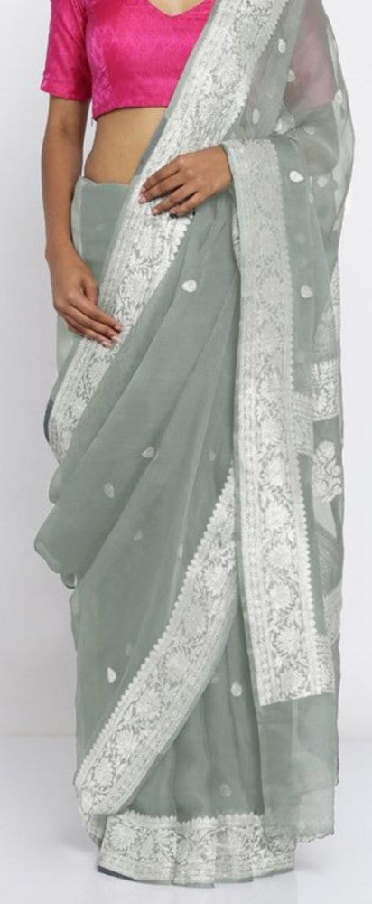 Beautiful Banarasi Grey Chiffon Saree