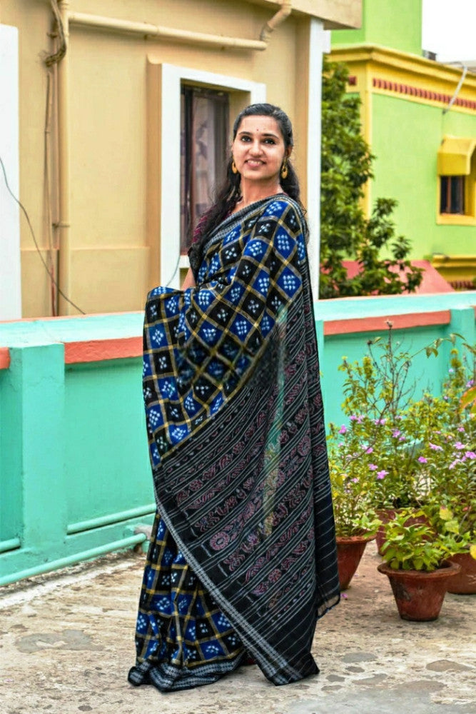Beautiful Blue & Black Geometrical Prints Kotpad Saree
