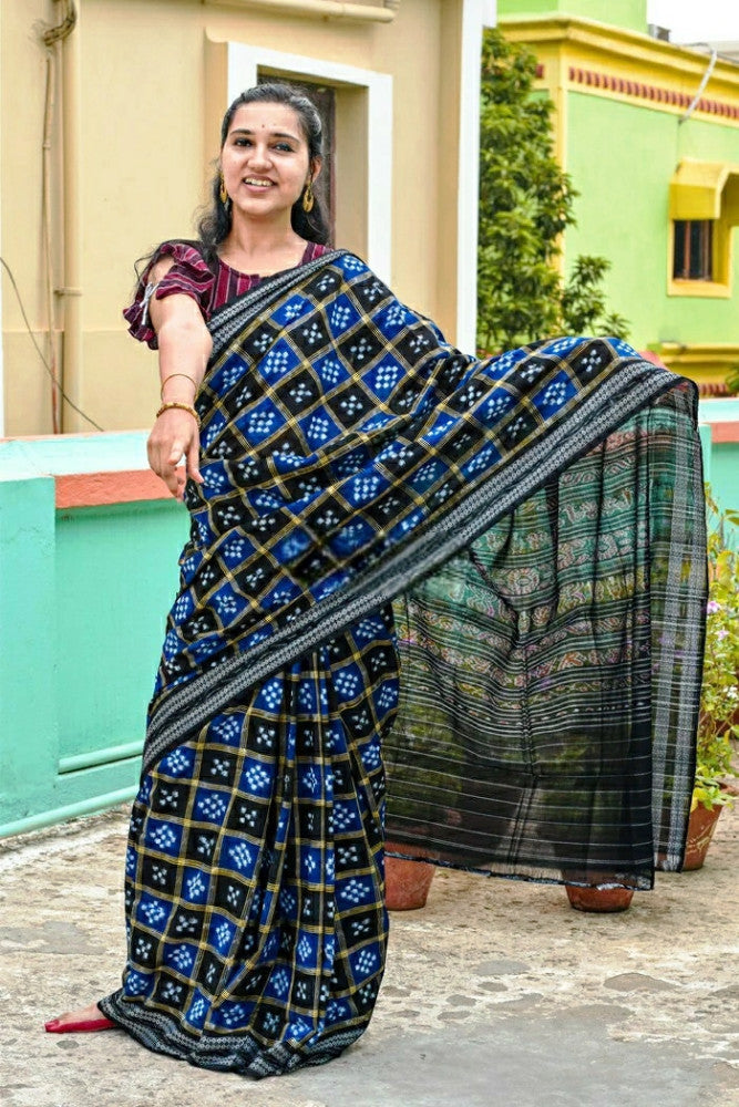 Beautiful Blue & Black Geometrical Prints Kotpad Saree