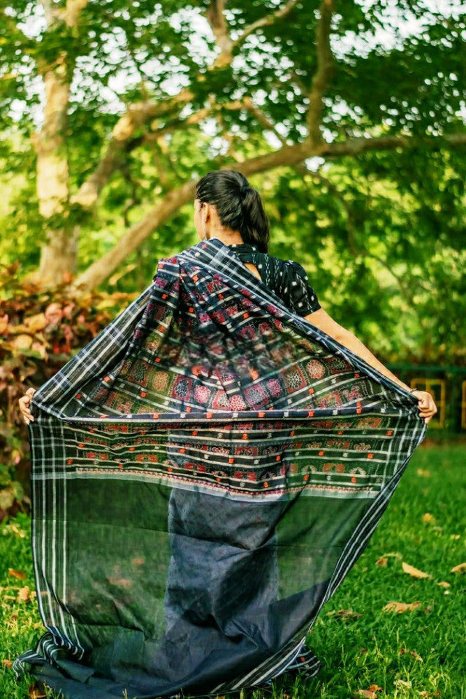 Beautiful Grey & Black Prints Berhampur Saree