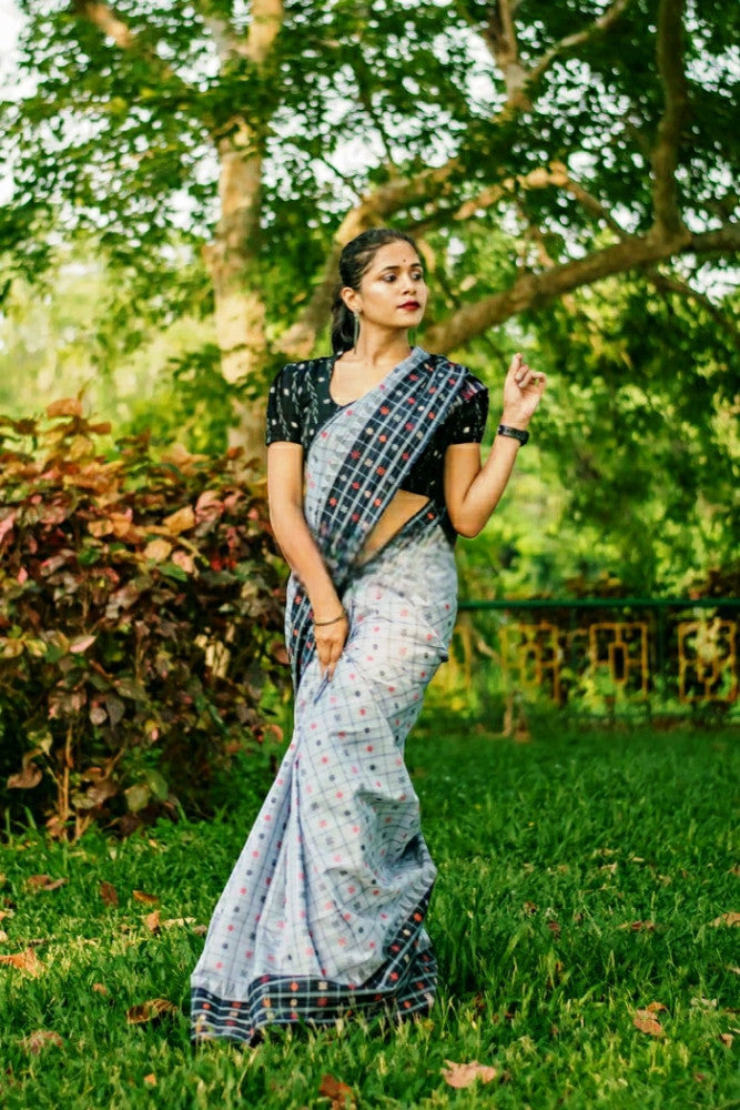 Beautiful Grey & Black Prints Berhampur Saree