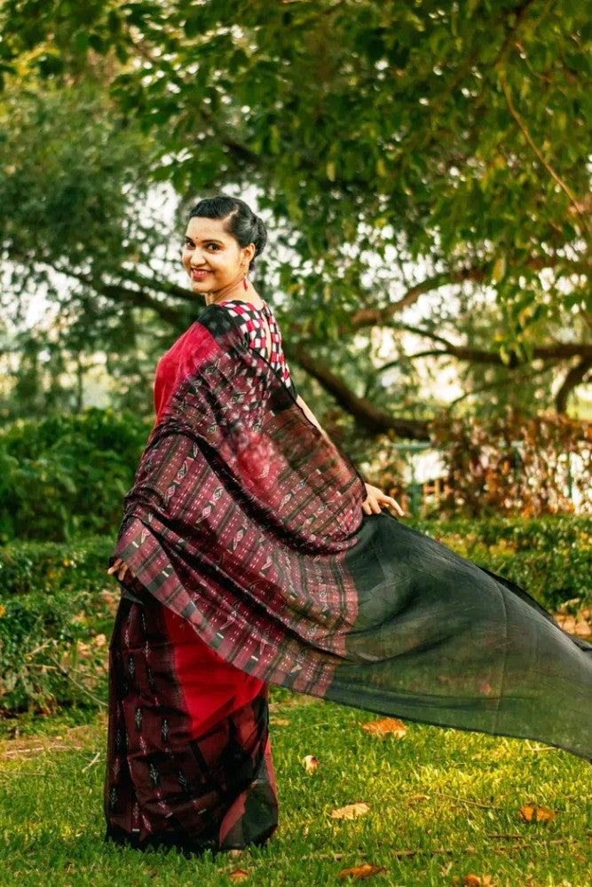 Beautiful Red & Black Prints Berhampur Saree