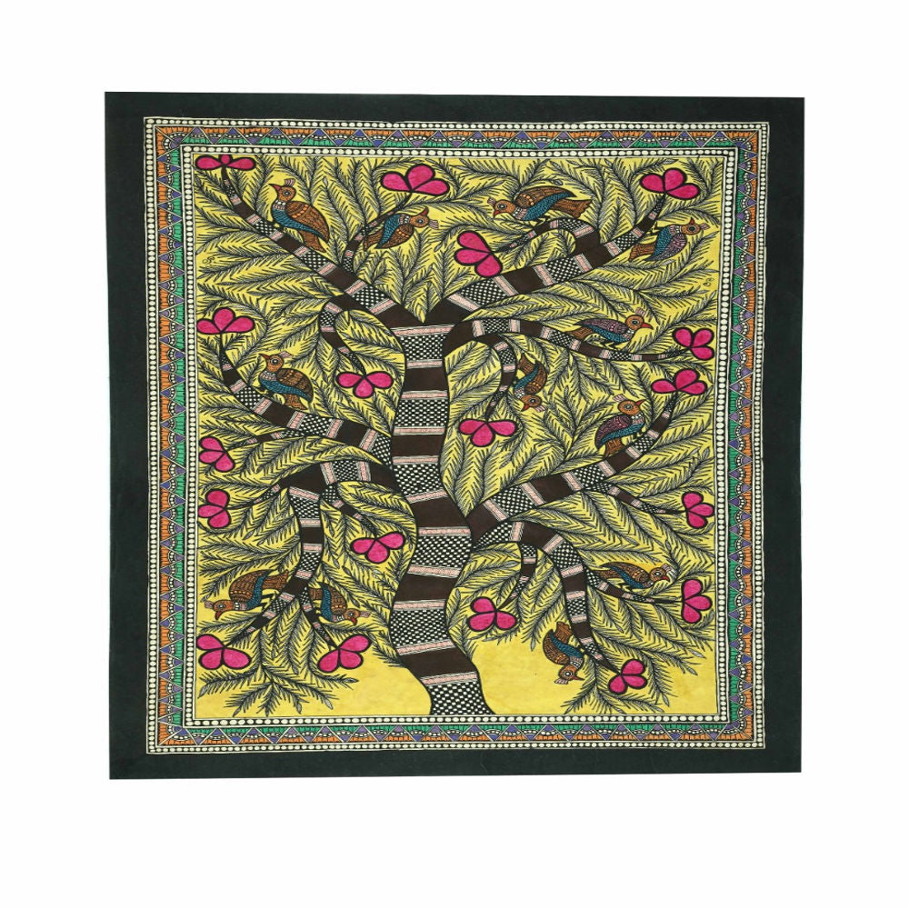 Beautiful Tree With Pink Flowers Madhubani Painting