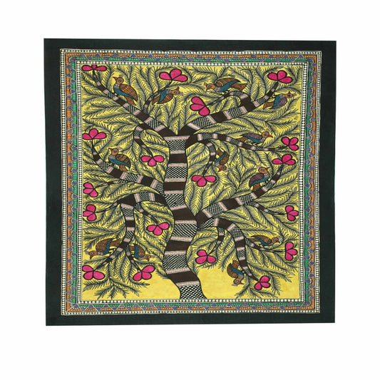 Beautiful Tree With Pink Flowers Madhubani Painting