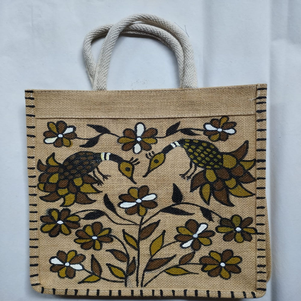 Beige Floral Khovar Jute Bag