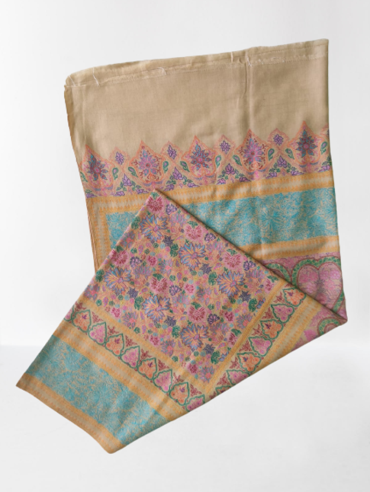 Beige Pink & Turquoise Floral Design Kani Shawl