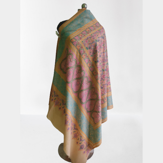 Beige Pink & Turquoise Floral Design Kani Shawl