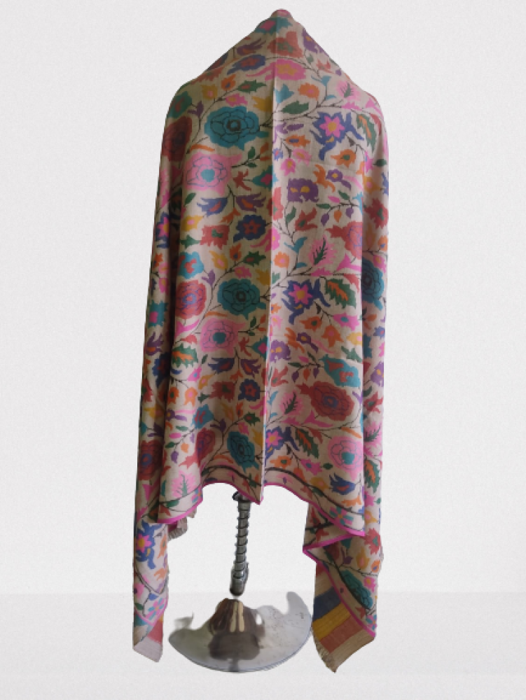 Beige With Multicolour Big Floral Design Kani Shawl