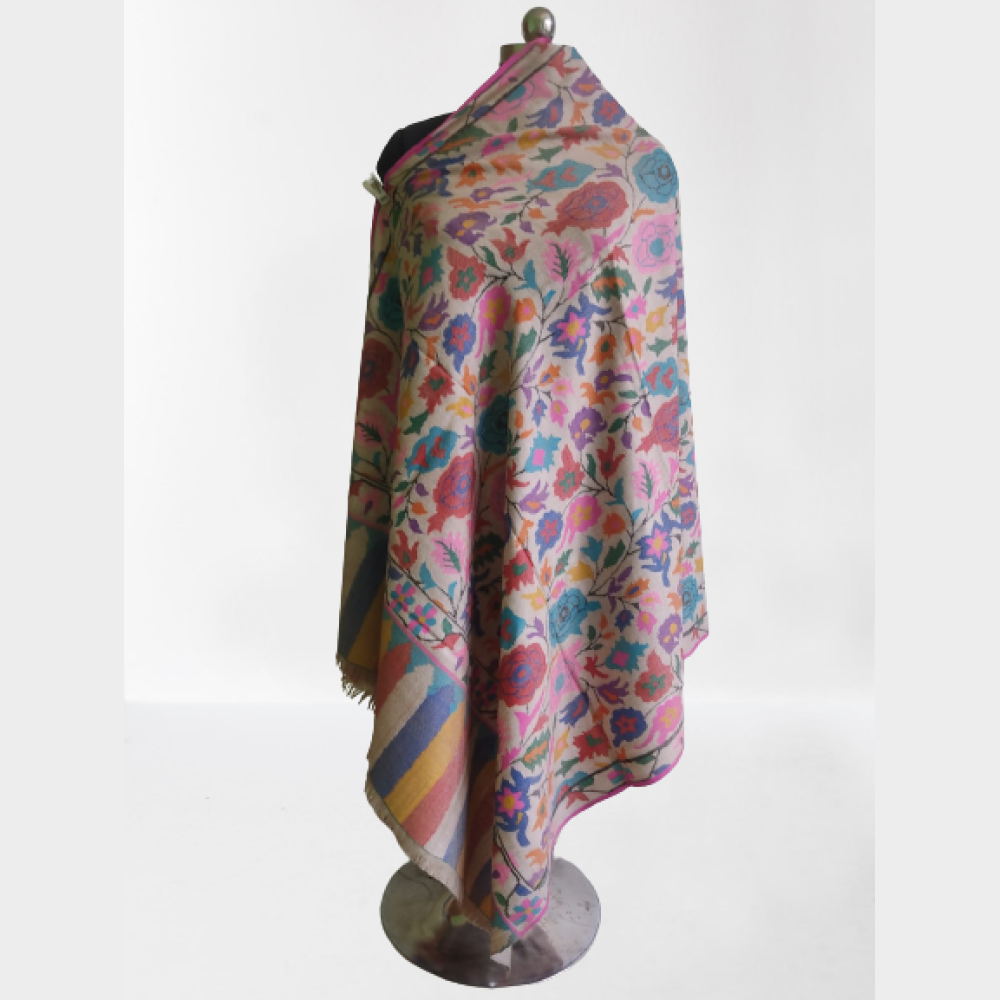 Beige With Multicolour Big Floral Design Kani Shawl