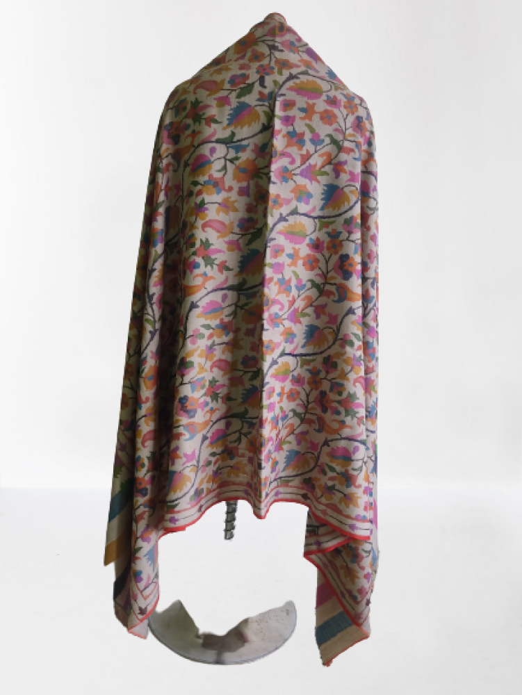 Beige With Multicolour Leaf Design Kani Shawl