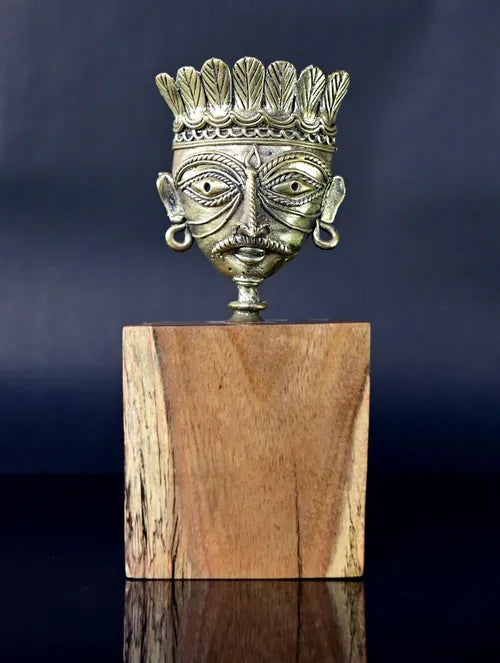 Bengal Dokra Adivasi Bust on Wooden Pedestal - 3
