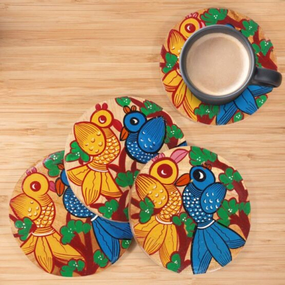 Bengal Pattachitra Wooden Coasters Birds (4pcs)
