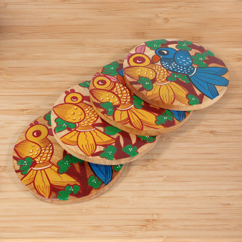 Bengal Pattachitra Wooden Coasters Birds (4pcs)