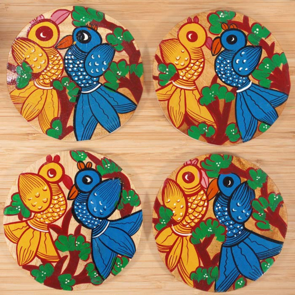 Bengal Pattachitra Wooden Coasters Birds (4pcs)