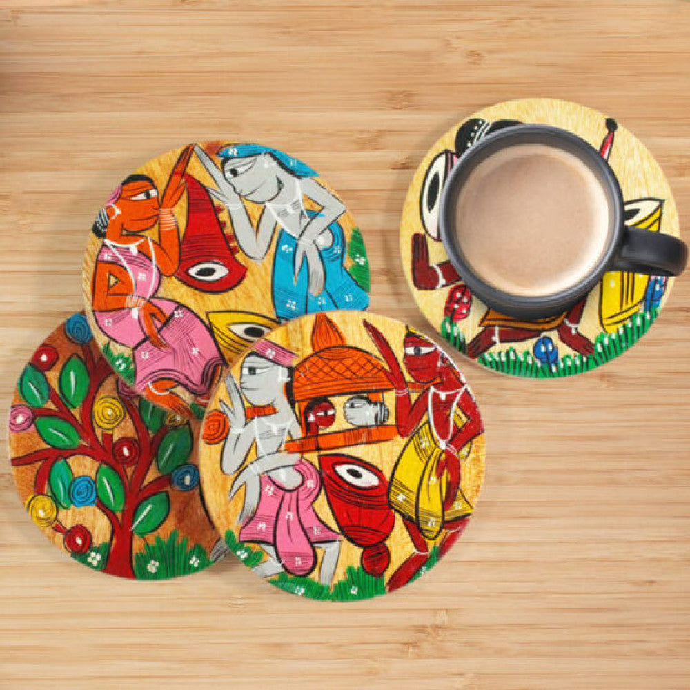 Bengal Pattachitra Wooden Coasters Dance (4pcs)