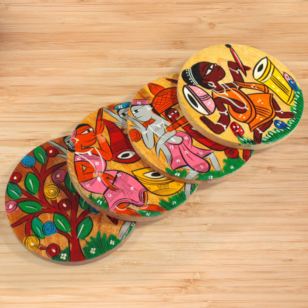 Bengal Pattachitra Wooden Coasters Dance (4pcs)