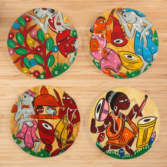 Bengal Pattachitra Wooden Coasters Dance (4pcs)