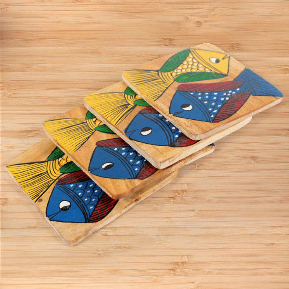 Bengal Pattachitra Wooden Coasters Fishes Square (4pcs)