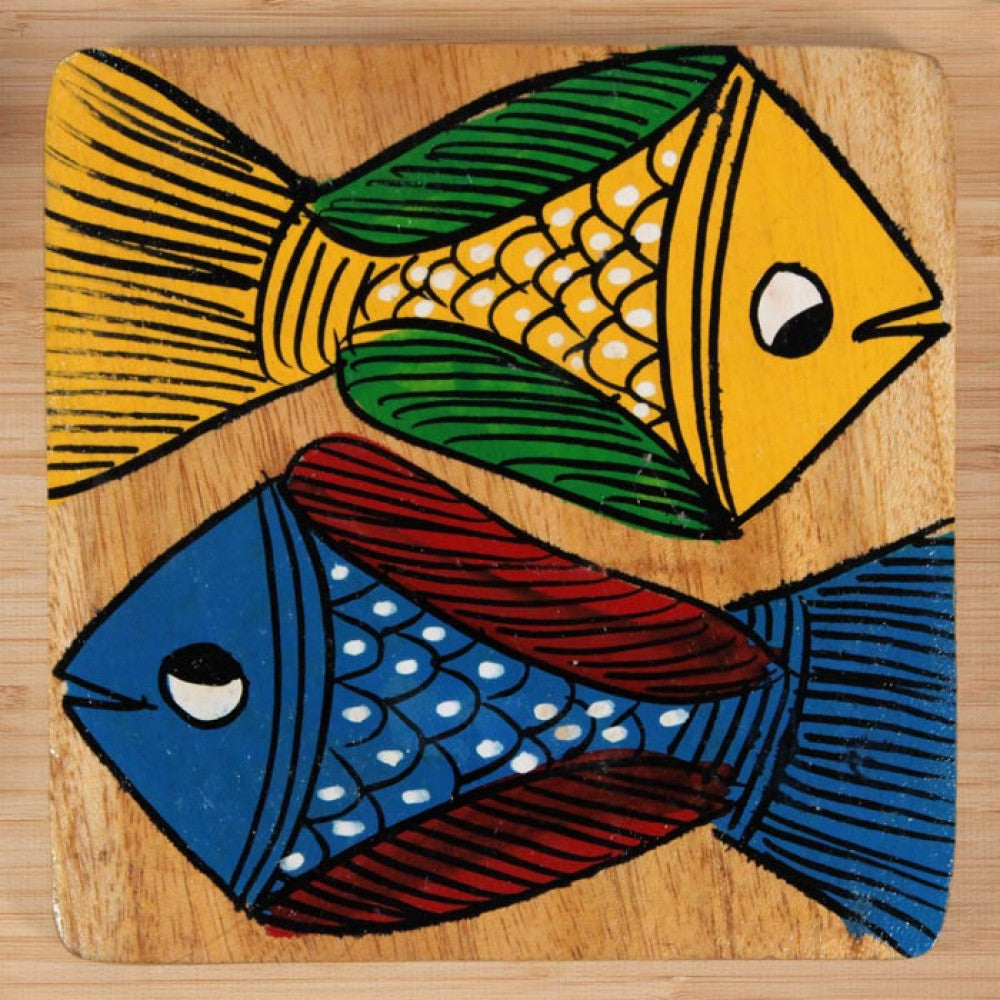 Bengal Pattachitra Wooden Coasters Fishes Square (4pcs)
