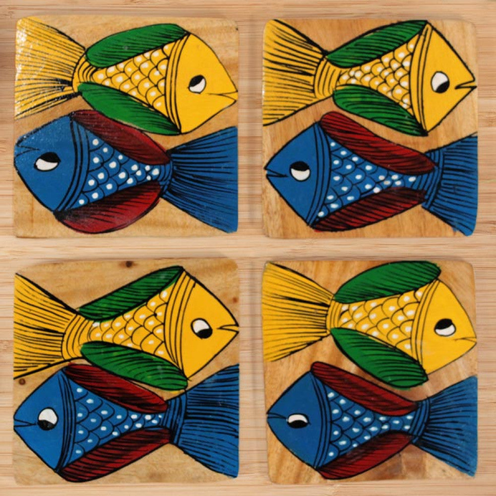 Bengal Pattachitra Wooden Coasters Fishes Square (4pcs)