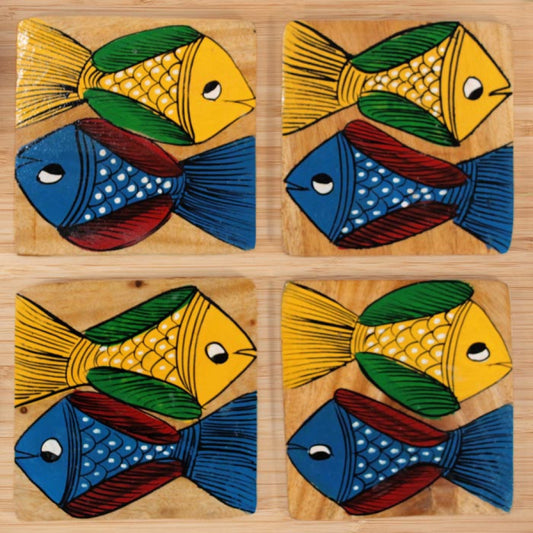 Bengal Pattachitra Wooden Coasters Fishes Square (4pcs)