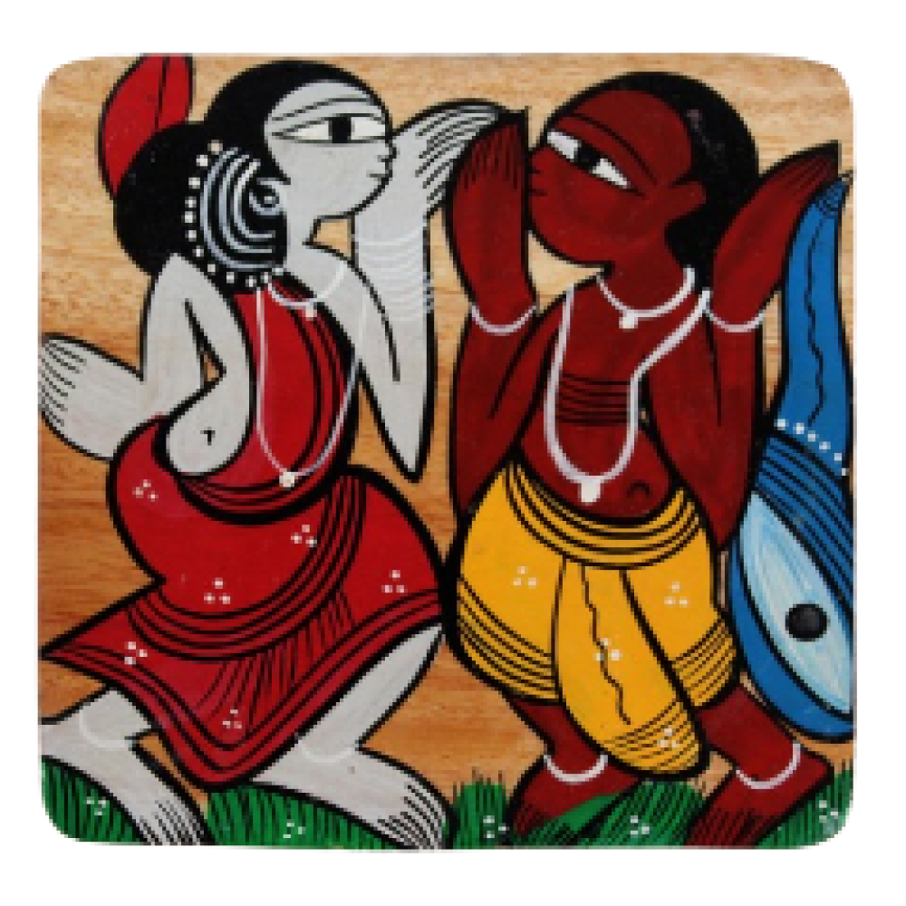 Bengal Pattachitra Wooden Coasters Men And Women Dancing (4pcs)
