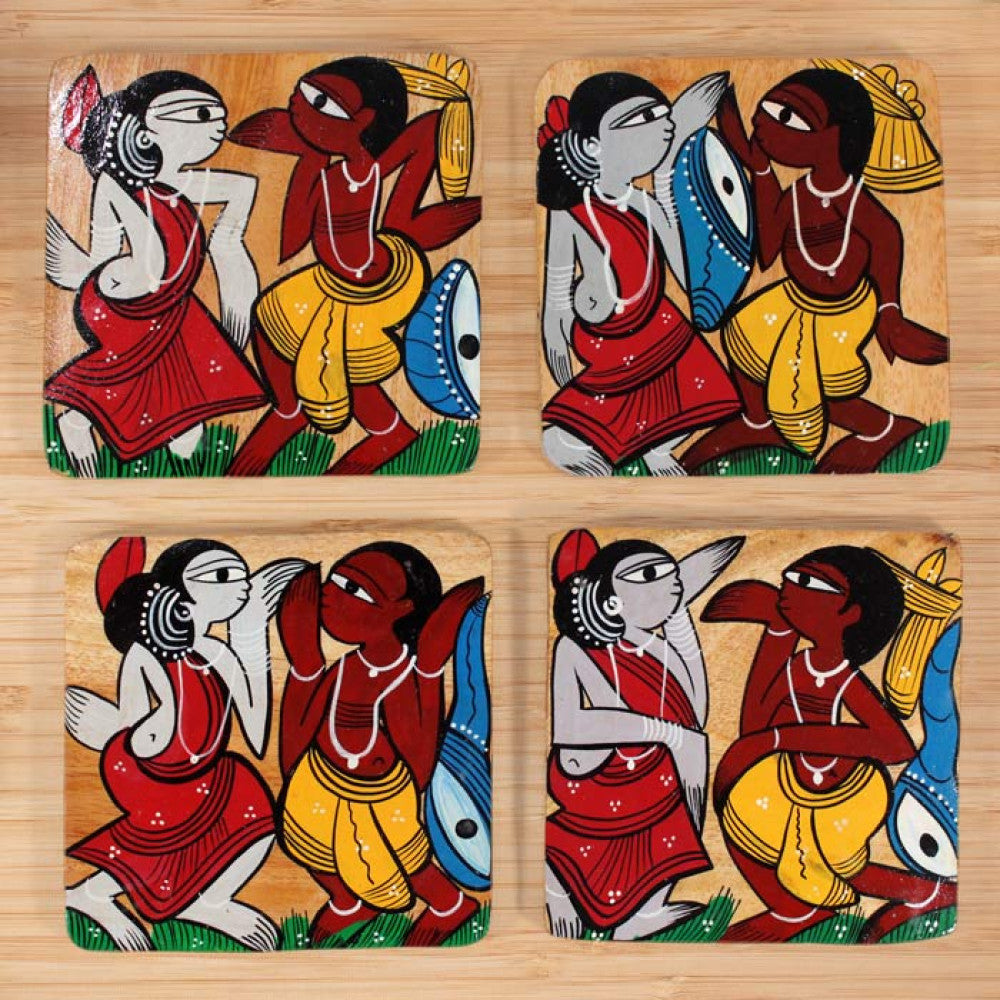 Bengal Pattachitra Wooden Coasters Men And Women Dancing (4pcs)