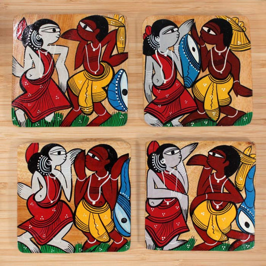 Bengal Pattachitra Wooden Coasters Men And Women Dancing (4pcs)