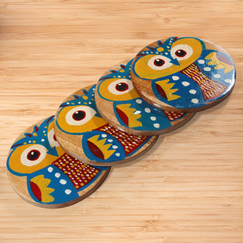 Bengal Pattachitra Wooden Coasters Owl (4pcs)