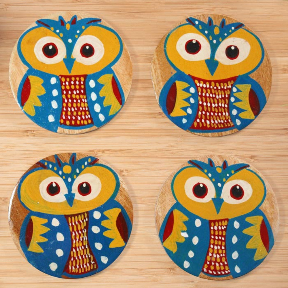 Bengal Pattachitra Wooden Coasters Owl (4pcs)