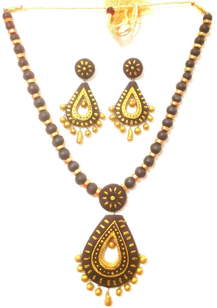 Black And Golden Bankura Panchmura Terracotta Craft Necklace Jewellery Set