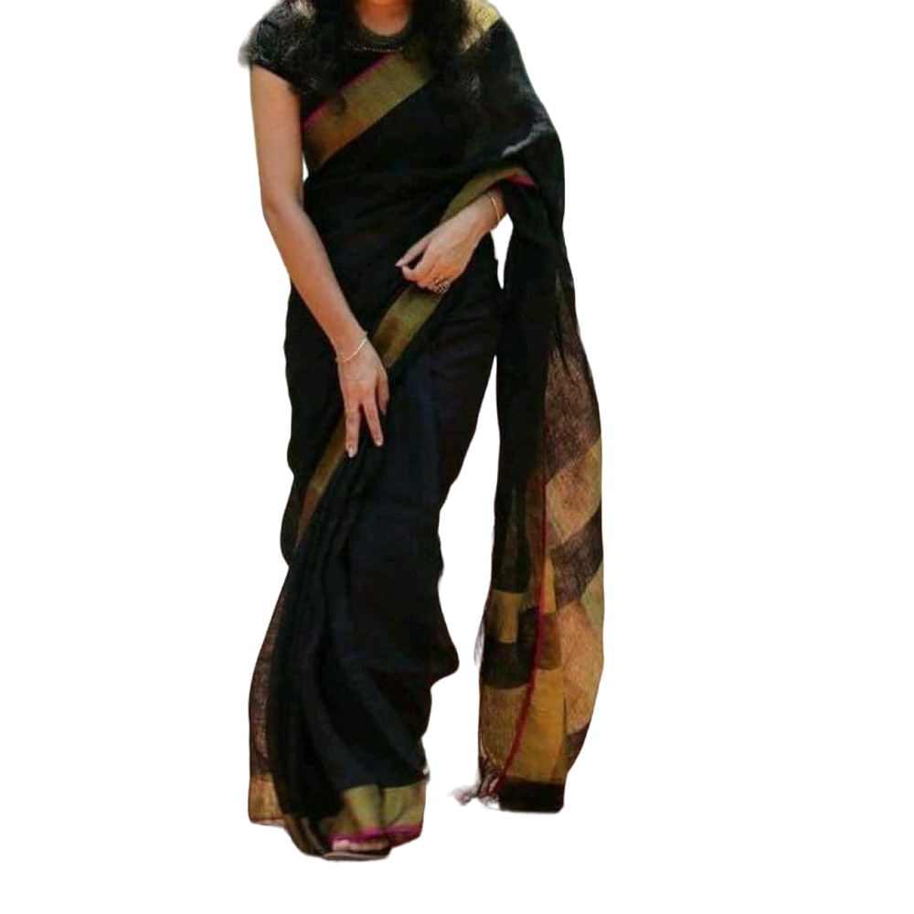 Black Linen Saree Tassel Work
